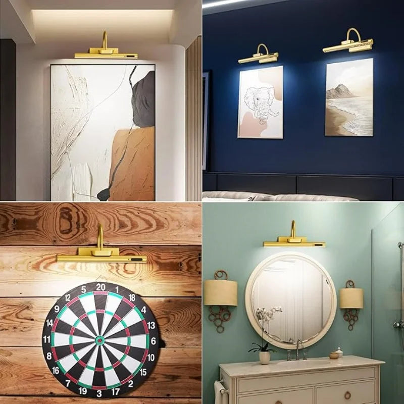A collection of three images showing wall mounted LED picture lights and a target board on wood paneling.