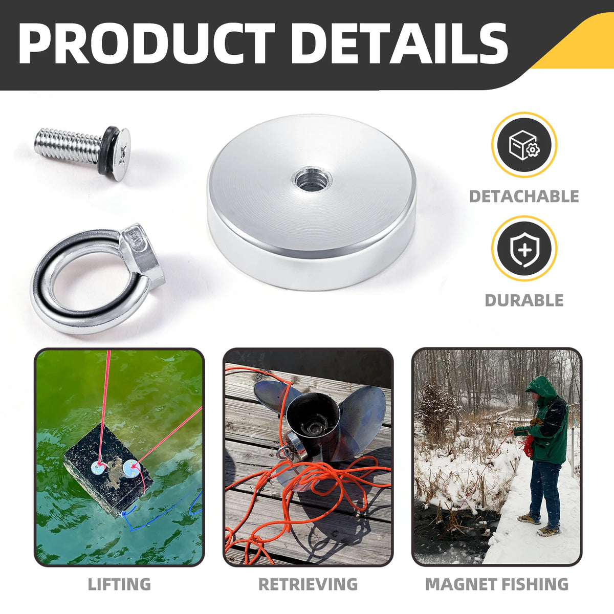 Product details showing a detachable durable fishing magnet and its uses: lifting, retrieving, and magnet fishing.