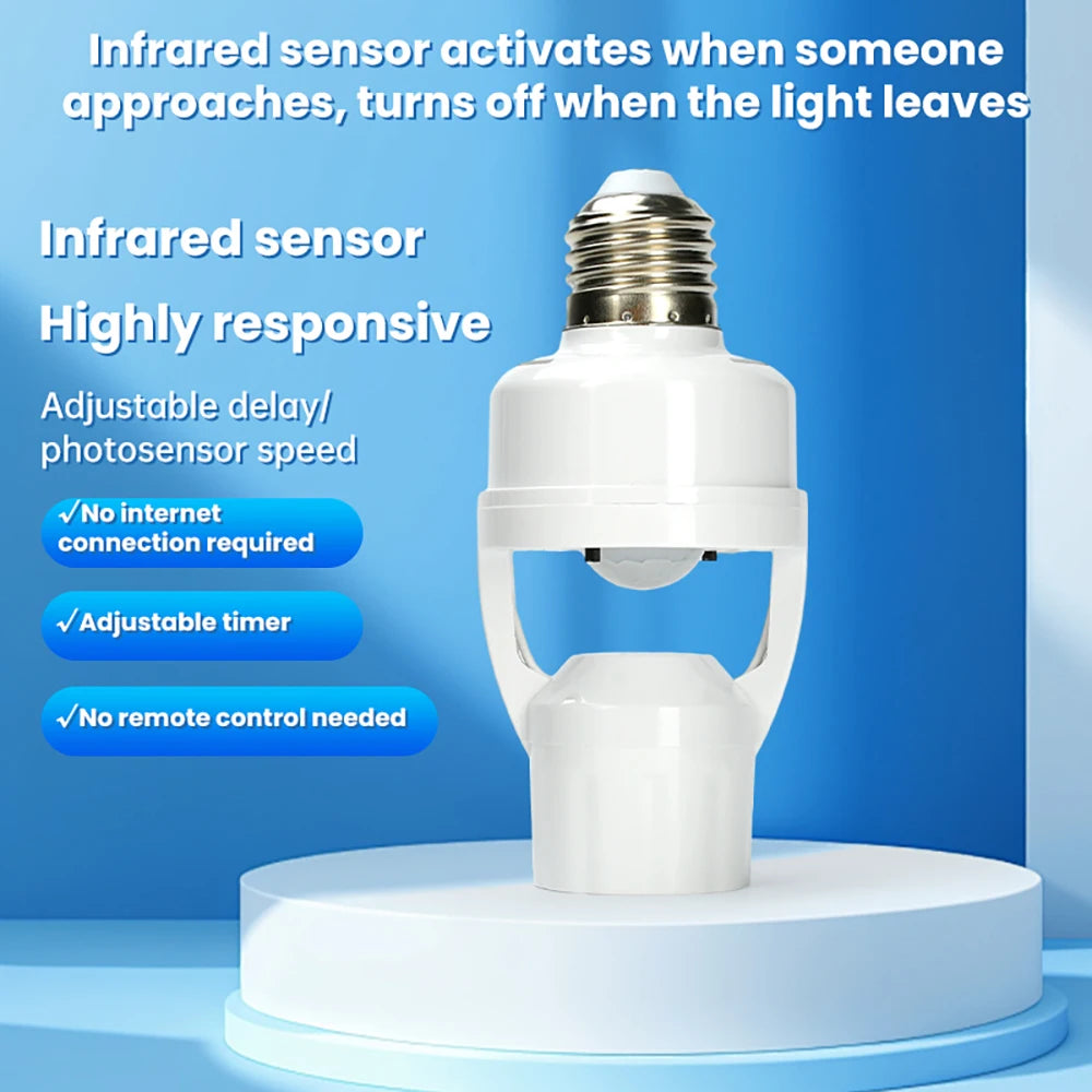 A white infrared sensor light bulb base converter on a round white stand.