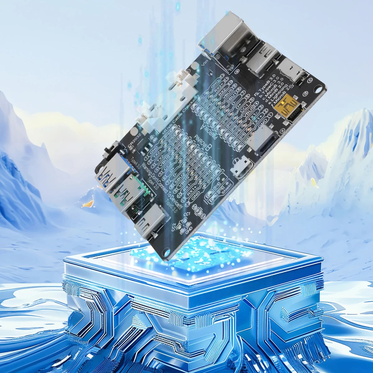 A circuit board USB cable tester and diagnostic tool rests on a futuristic blue platform in an icy environment.