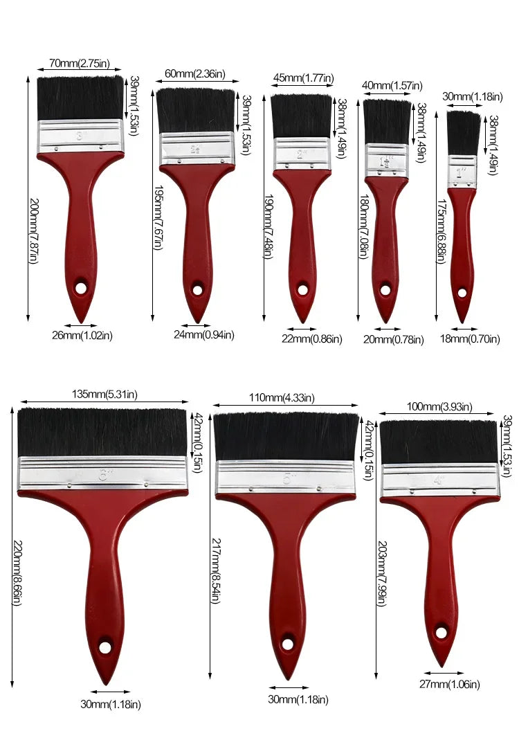 A set of various sized paint brushes with red handles and black bristles shown in different orientations.