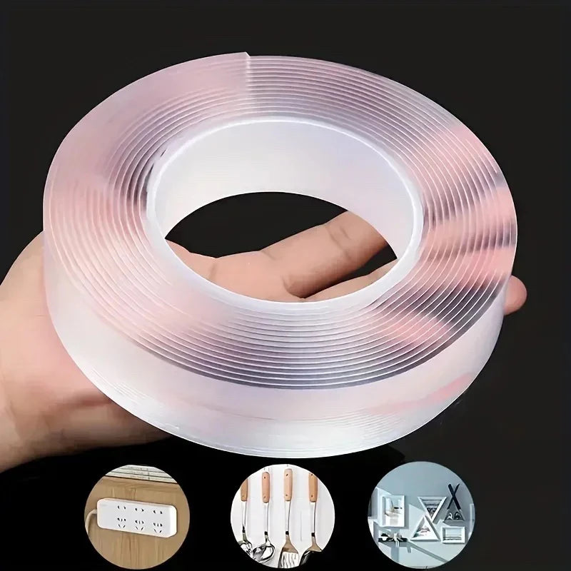A hand holds a roll of clear, translucent double-sided nano tape, with inset images showing its application.