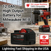A black lithium-ion battery for Milwaukee M18 tools is shown next to a cordless drill and construction debris.