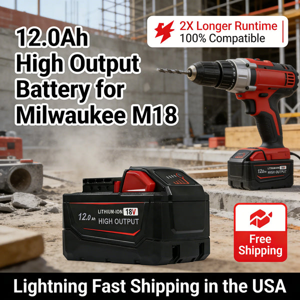 A black lithium-ion battery for Milwaukee M18 tools is shown next to a cordless drill and construction debris.