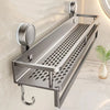 A stainless steel rustproof wall mount shower caddy organizer mounted on a wall.