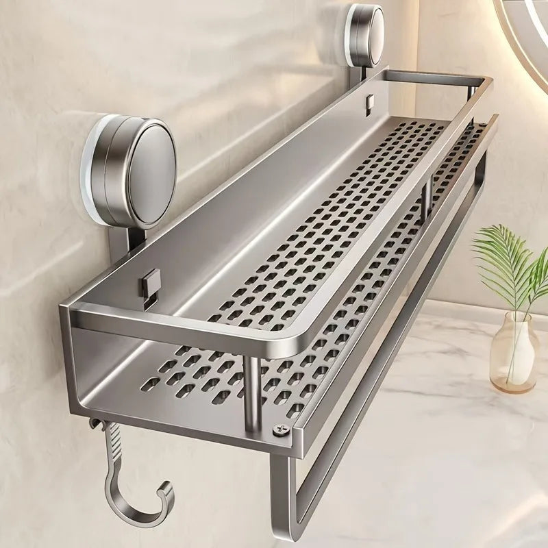 A stainless steel rustproof wall mount shower caddy organizer mounted on a wall.