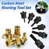 A set of carbon steel riveting tools including various sized rivet nuts and rivets.