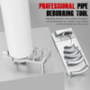 A professional pipe deburring tool set featuring a metal tool and a white PVC pipe.