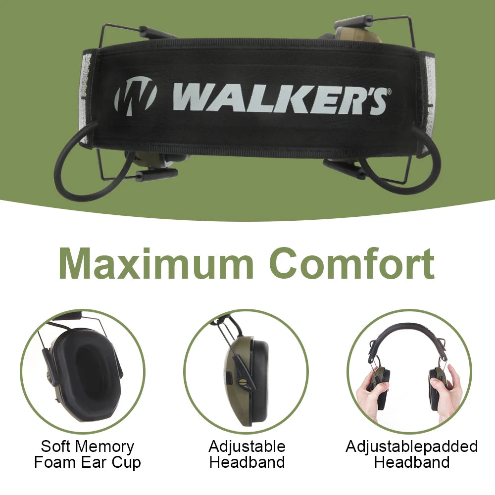 Walker's ear muffs featuring soft memory foam ear cups, an adjustable headband, and an adjustable padded headband.