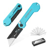 A set of three blue folding utility knives with black blades and a protective case are shown.