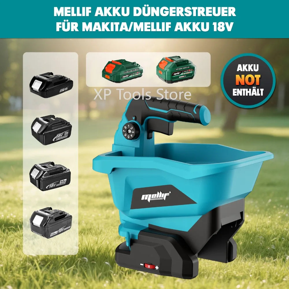 A blue cordless handheld spreader tool for Makita/Mellif 18V batteries is shown on grass.
