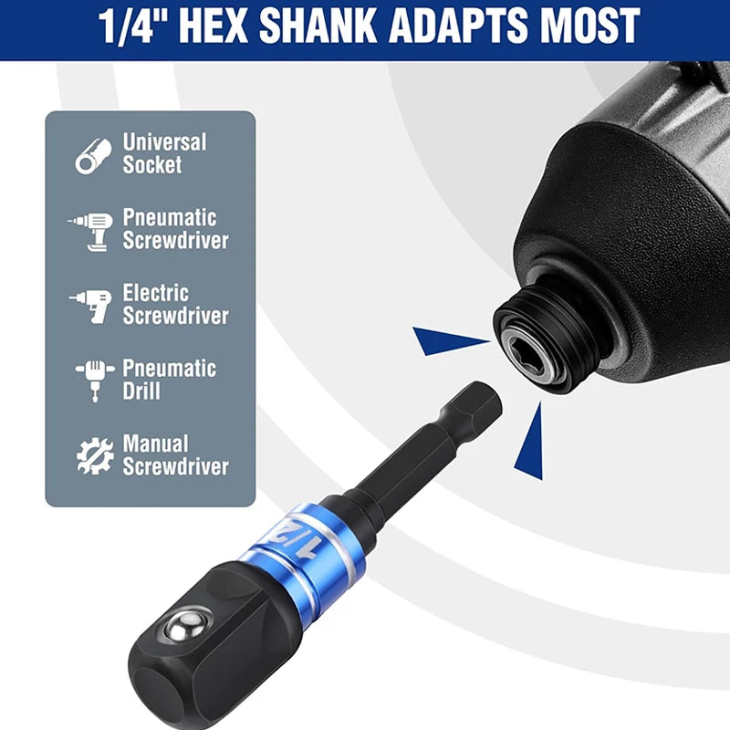 A black hex shank adapter tool is shown next to a power drill, demonstrating its versatility for various sockets and drivers.