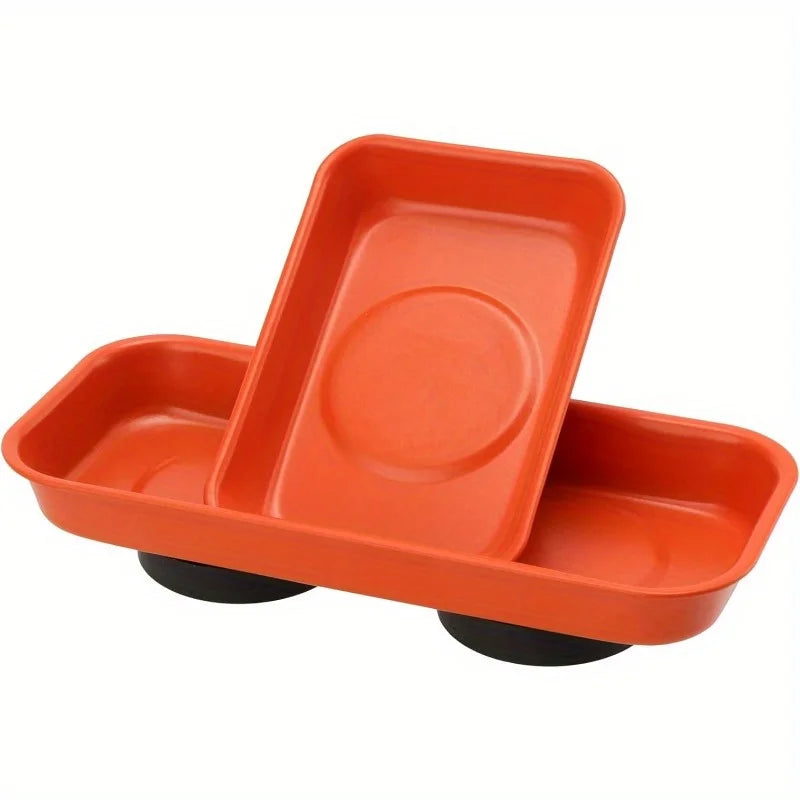 An orange magnetic parts tray designed for holding screws, nuts, and bolts.