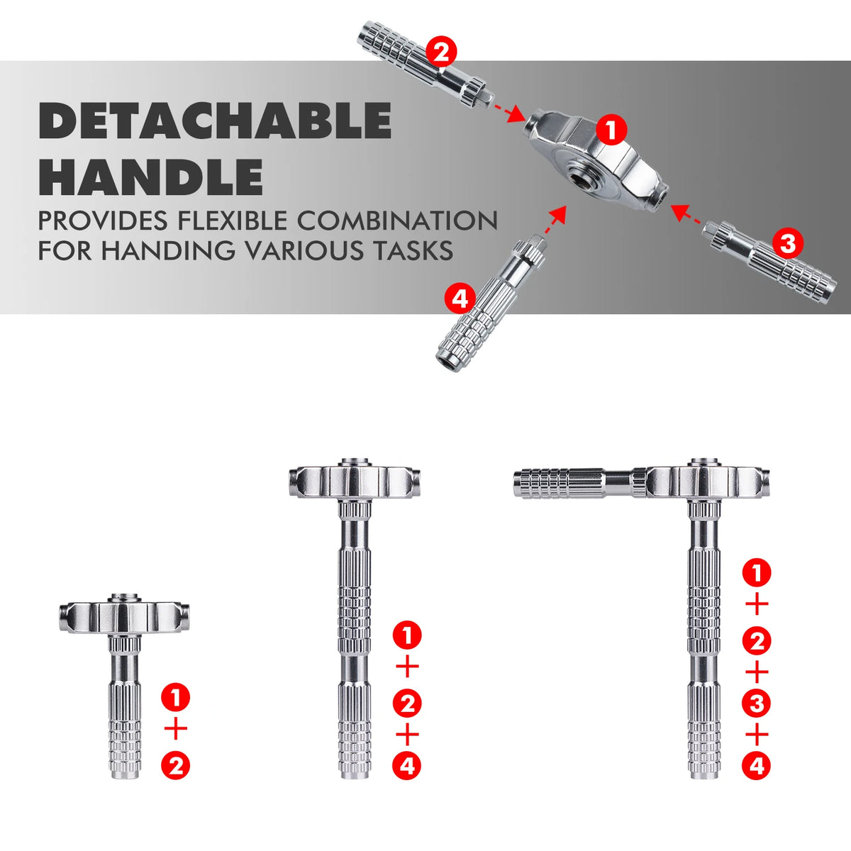 A set of detachable screwdriver handles and bits for a precision multi-bit screwdriver kit.