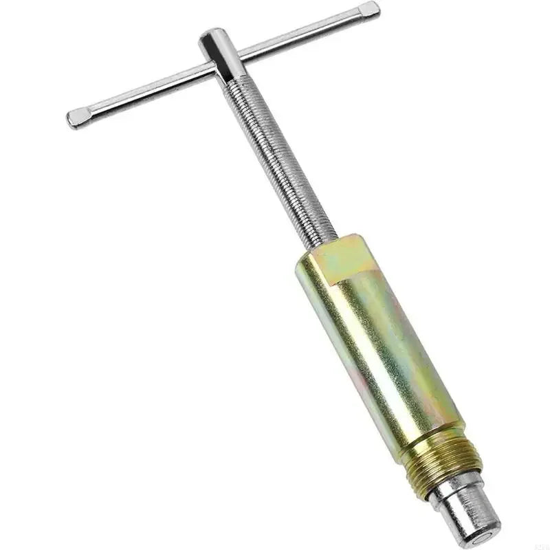 A silver compression sleeve puller tool with a threaded shaft and a straight bar.