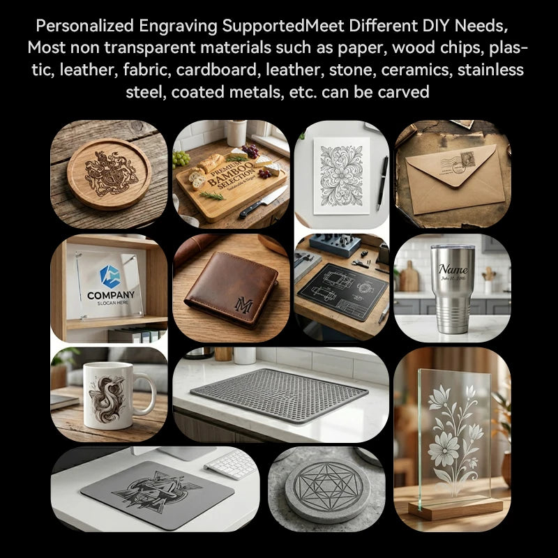 A collection of personalized engraving examples showing different materials like wood, leather, and metal being engraved.