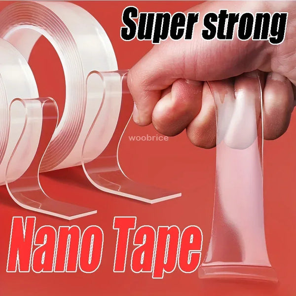 A hand is holding a roll of clear nano tape, demonstrating its super strong adhesive properties.