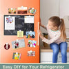 A girl is applying round magnetic fridge stickers to an orange refrigerator door.