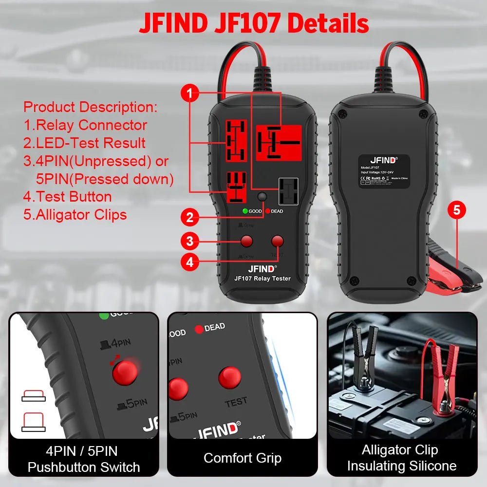 JFIND JF107 relay tester device showing various connectors and features