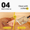 A hand is shown using a stainless steel litter scoop to clean pet waste from a bed of cat litter.