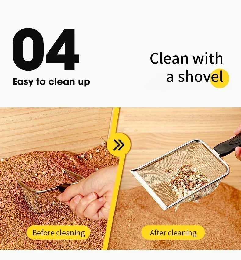 A hand is shown using a stainless steel litter scoop to clean pet waste from a bed of cat litter.