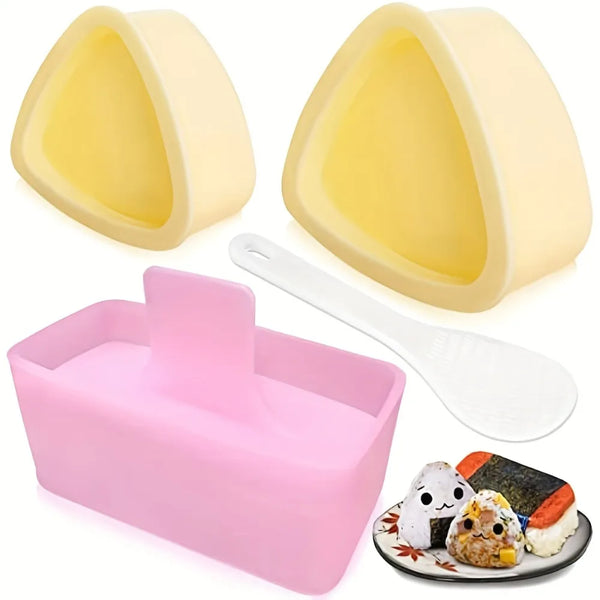 Silikonformen zum Herstellen von Sushi und Onigiri, inklusive gelber und rosa Formen.