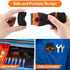 Hands demonstrate a portable orange and black razor scraper used for removing glass and adhesive.