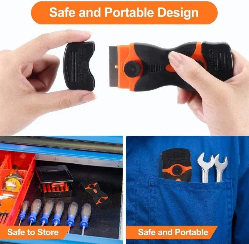 Hands demonstrate a portable orange and black razor scraper used for removing glass and adhesive.