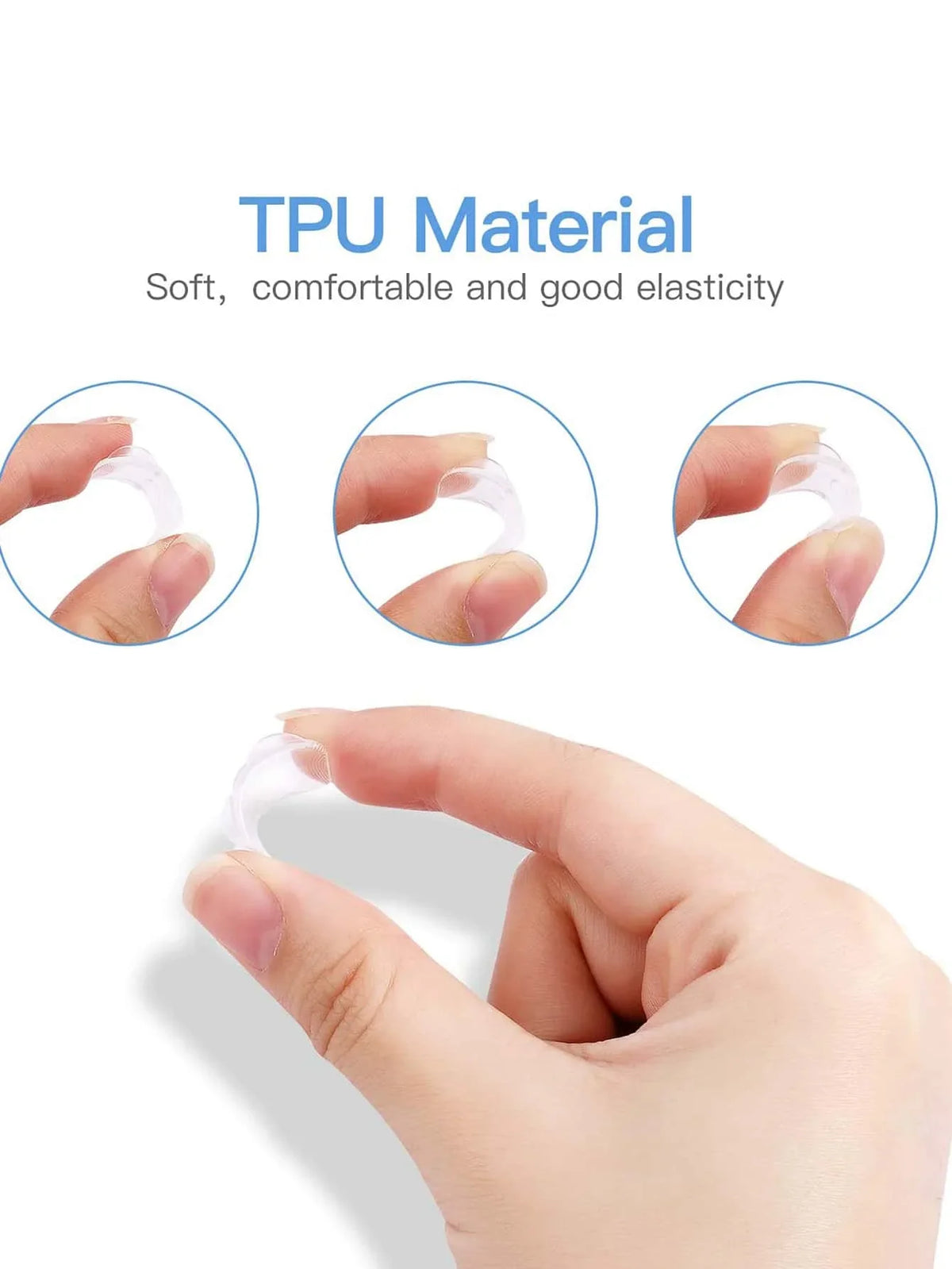 Close-up of a translucent TPU material ring sizer being stretched on a finger to demonstrate its flexibility and elasticity.