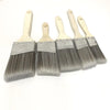 A set of five gray paint brushes with wooden handles and metal bristles displayed on a white background.