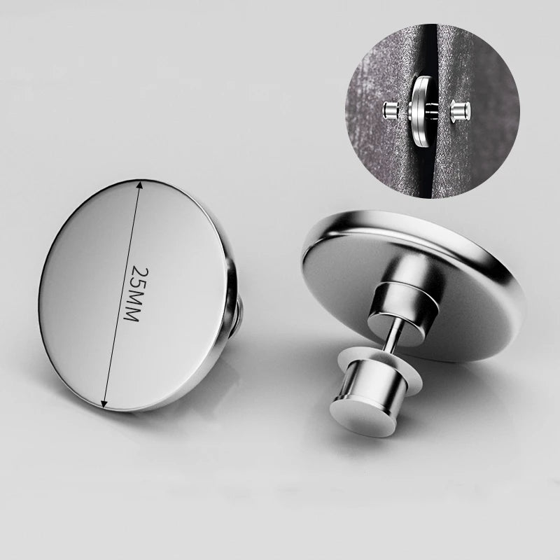 A close-up view of a silver magnetic button curtain clip and its measuring tool showing 25mm.