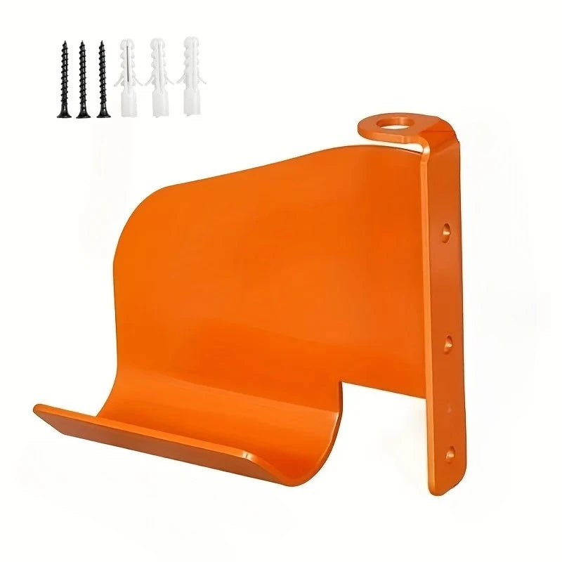 Orange metal chainsaw hook wall storage rack with multiple chain hooks.