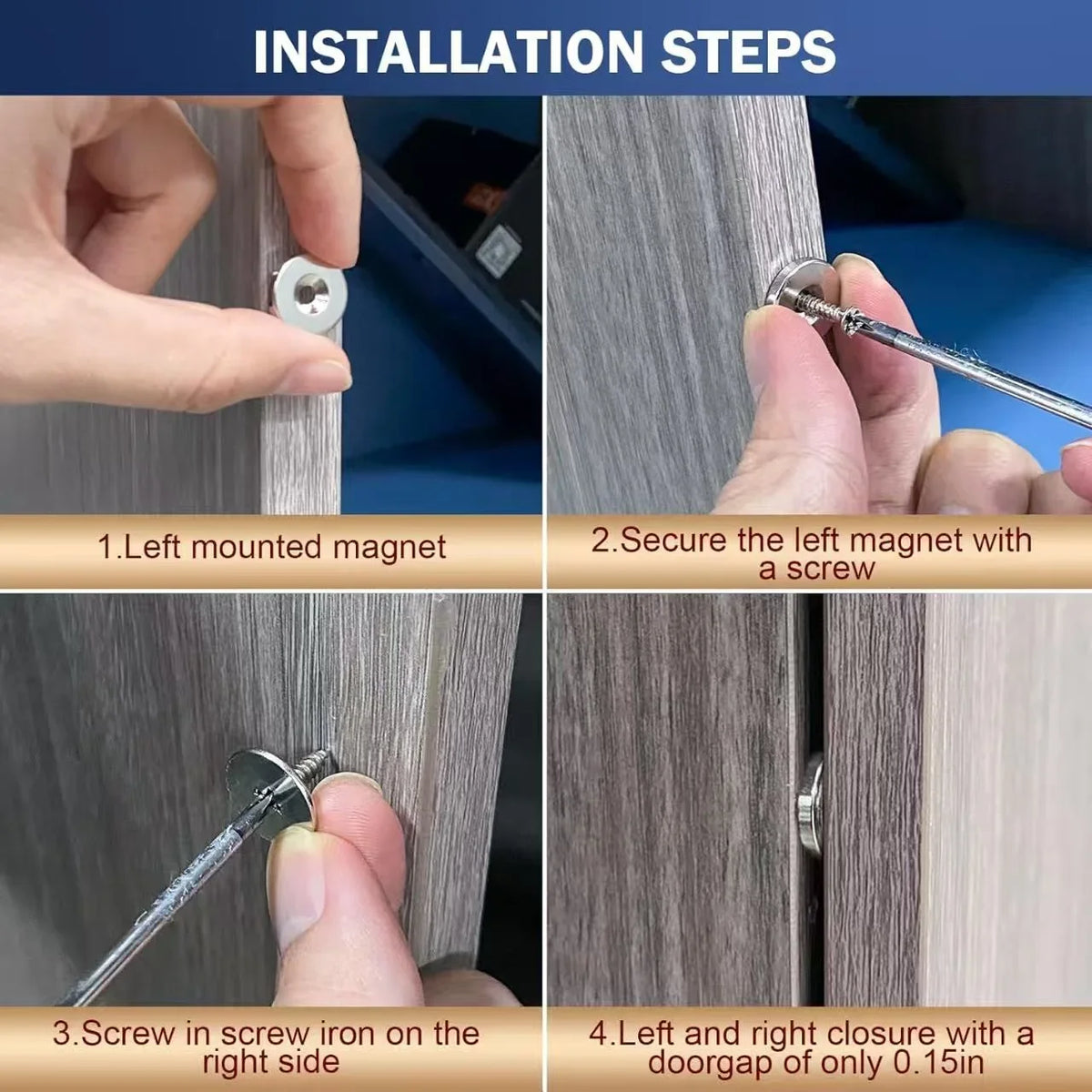 Installation steps showing how to mount and secure an invisible magnetic door latch on a wooden cabinet.