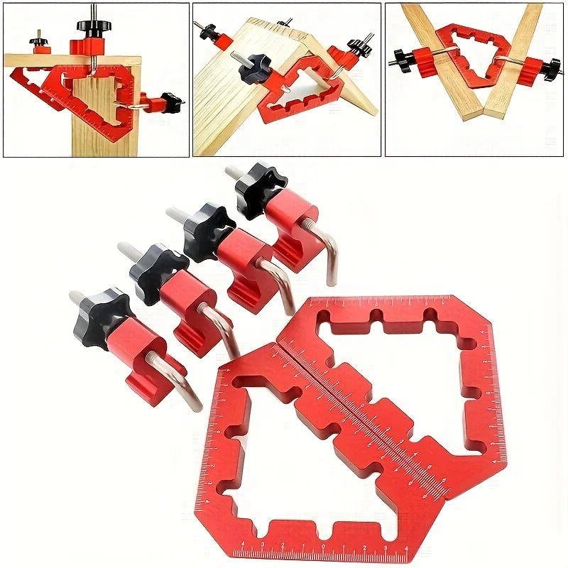 Red L-shaped angle splicing fixture with black and red components for woodworking