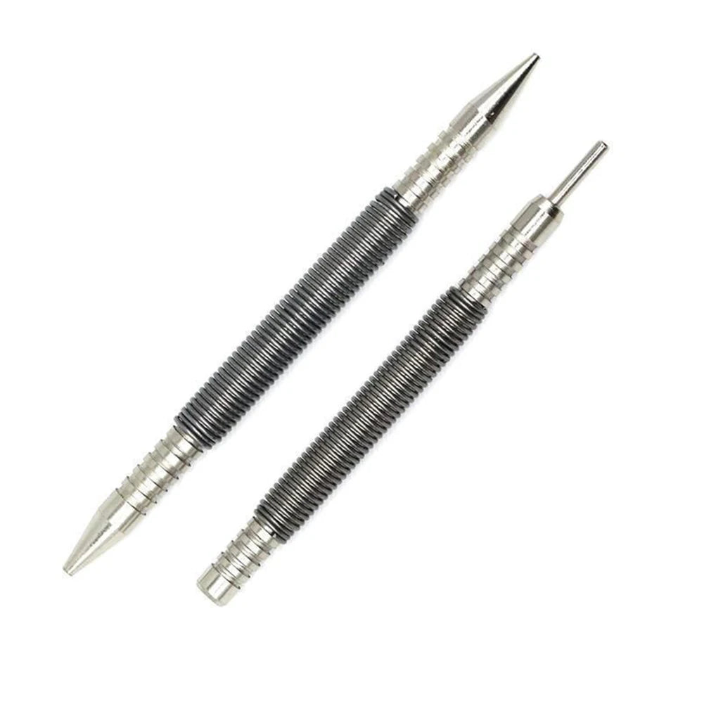 A pair of dual-head spring nail sets for precision fixing, showing the sharp tips and coiled metal shafts.