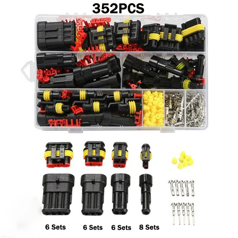 A box containing 352 pieces of waterproof electrical connectors for vehicles and boats, including various sets.