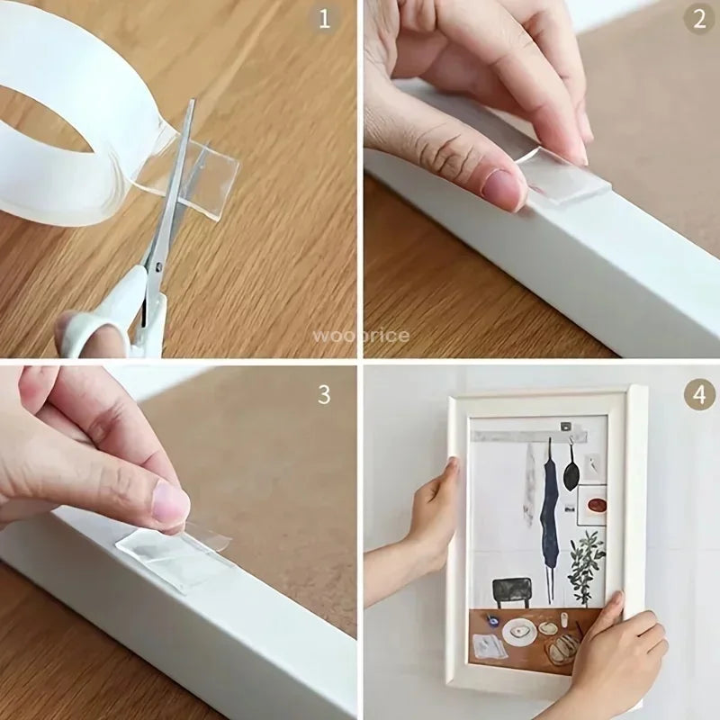 Four panels showing the application of heavy-duty transparent double-sided adhesive tape for various tasks.
