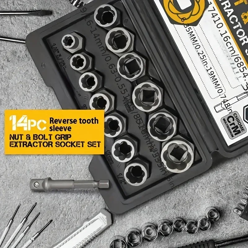 A black case containing a 14-piece reverse tooth sleeve extractor socket set for difficult fasteners.