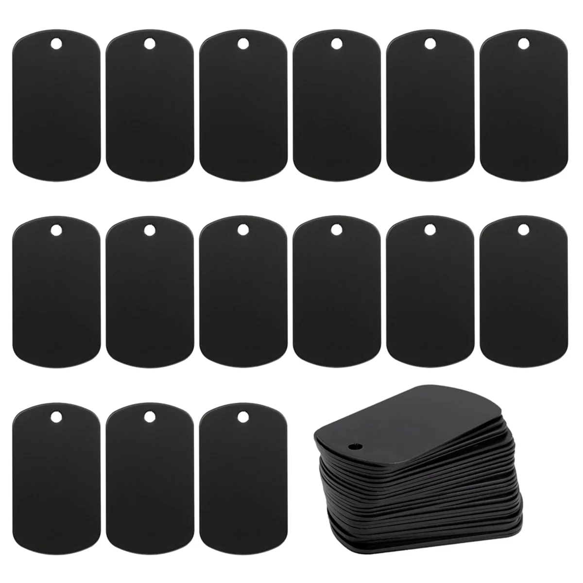 A set of 50 black aluminum metal stamping tags for crafts and keychains, arranged in rows.