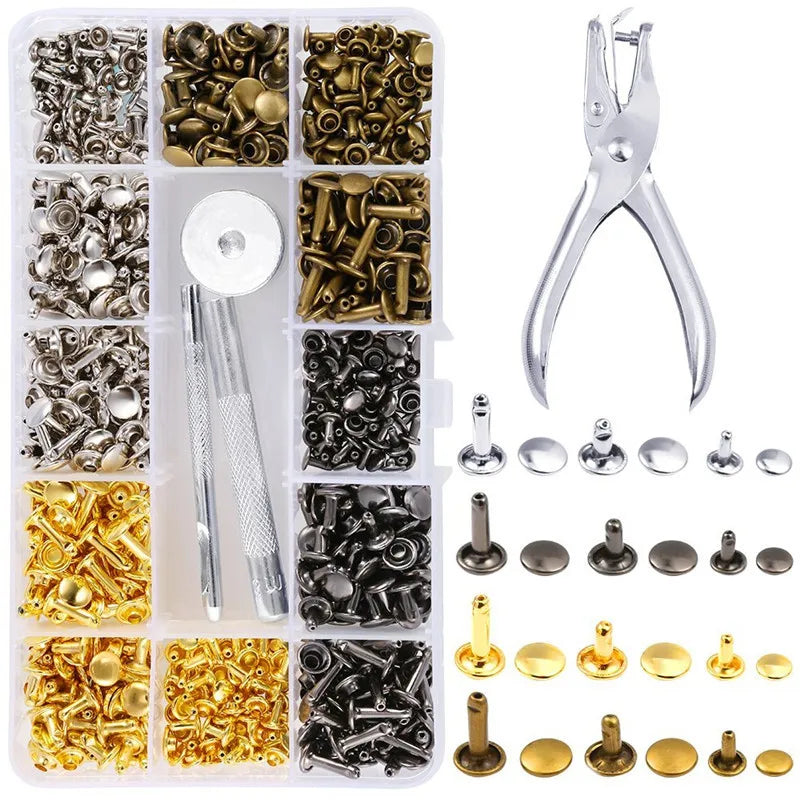 A collection of precision metal rivets in various finishes and sizes for leather and fabric repair.