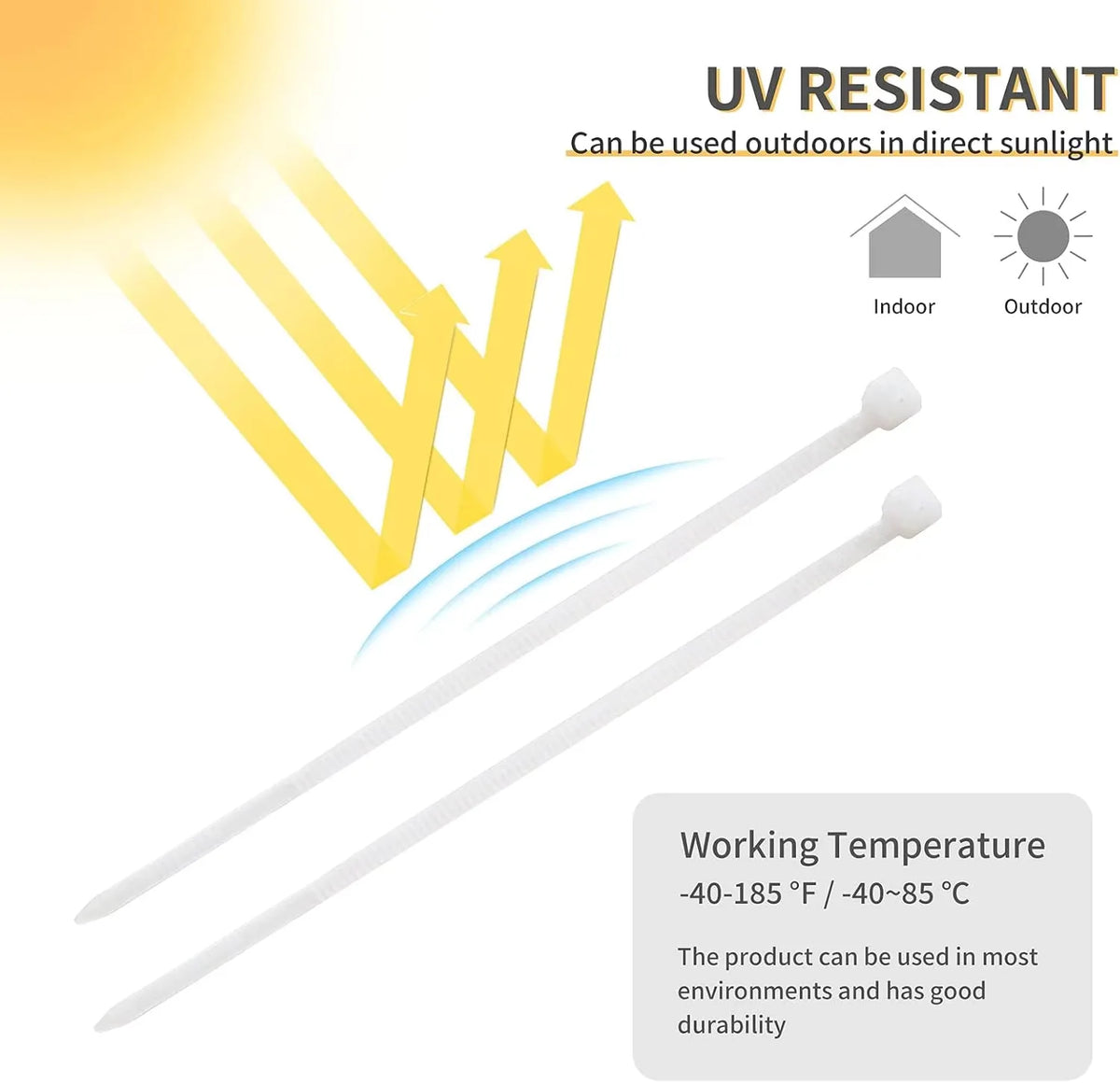 UV resistant nylon cable ties shown with sunlight rays and a diagram illustrating indoor and outdoor use.