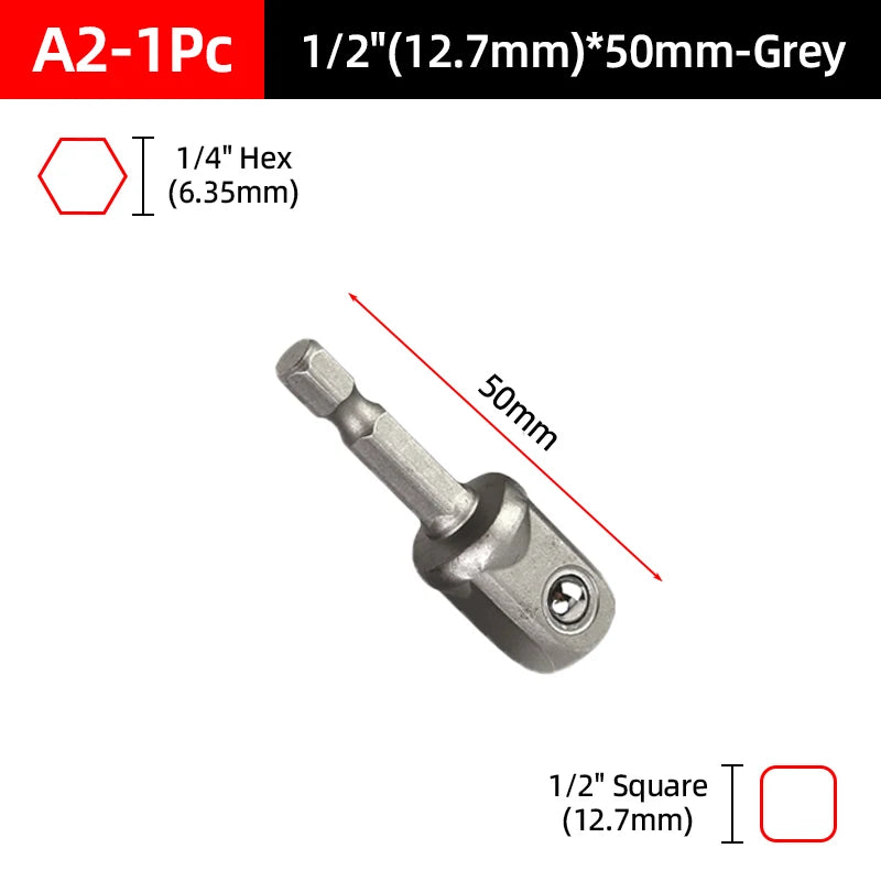 A set of multi-size socket adapters including a 1/2 inch hex and a 1/2 inch square adapter in grey.