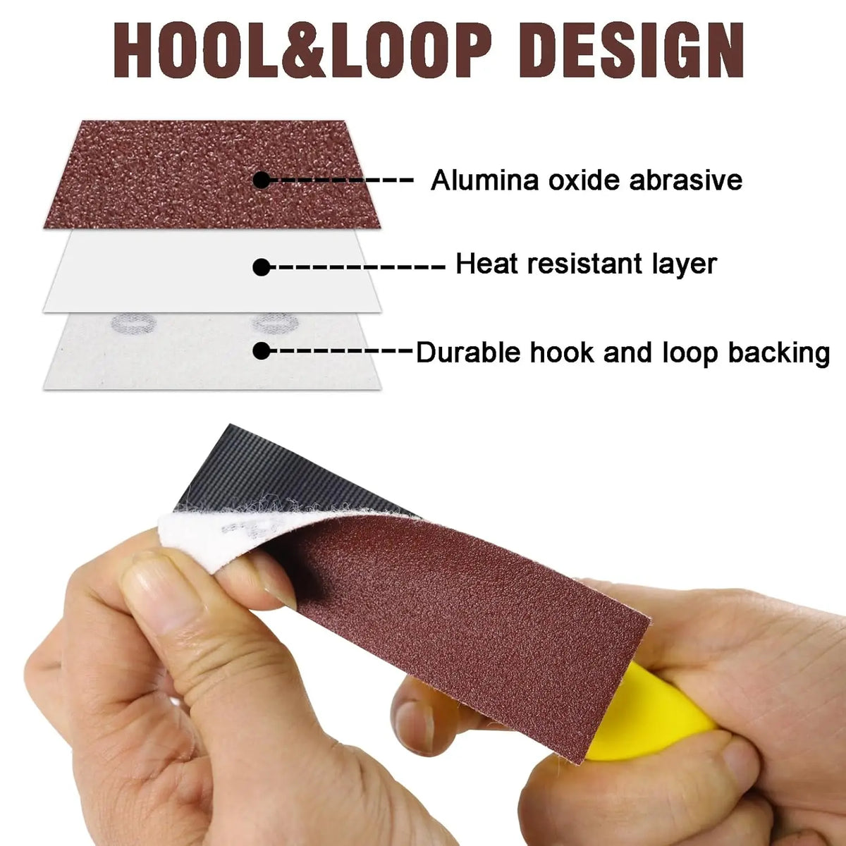 A hand holds a piece of brown abrasive material, showing its layered design for a tool.