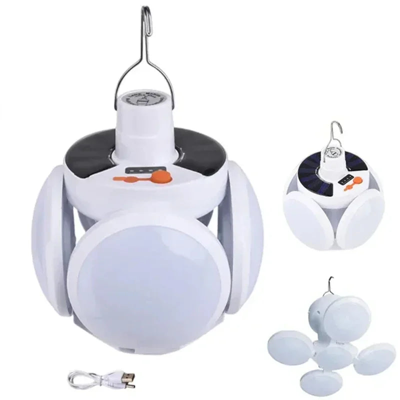 A white solar rechargeable LED camping torch with a handle and light head is shown.