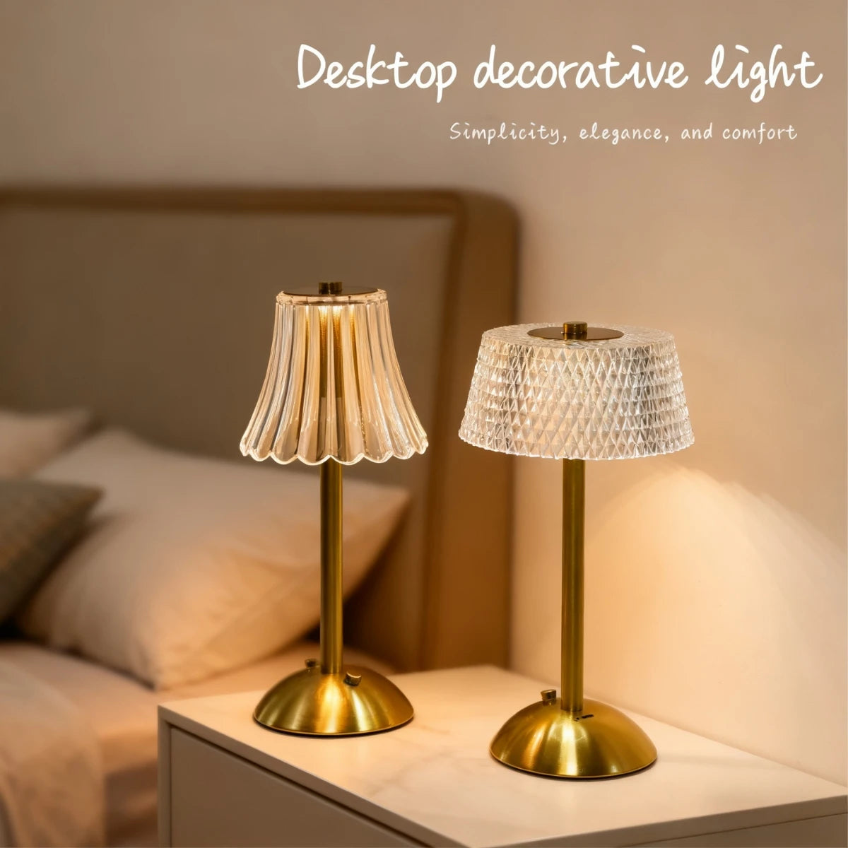 A brass tabletop decorative light lamp with a textured glass shade illuminating a bedside surface.