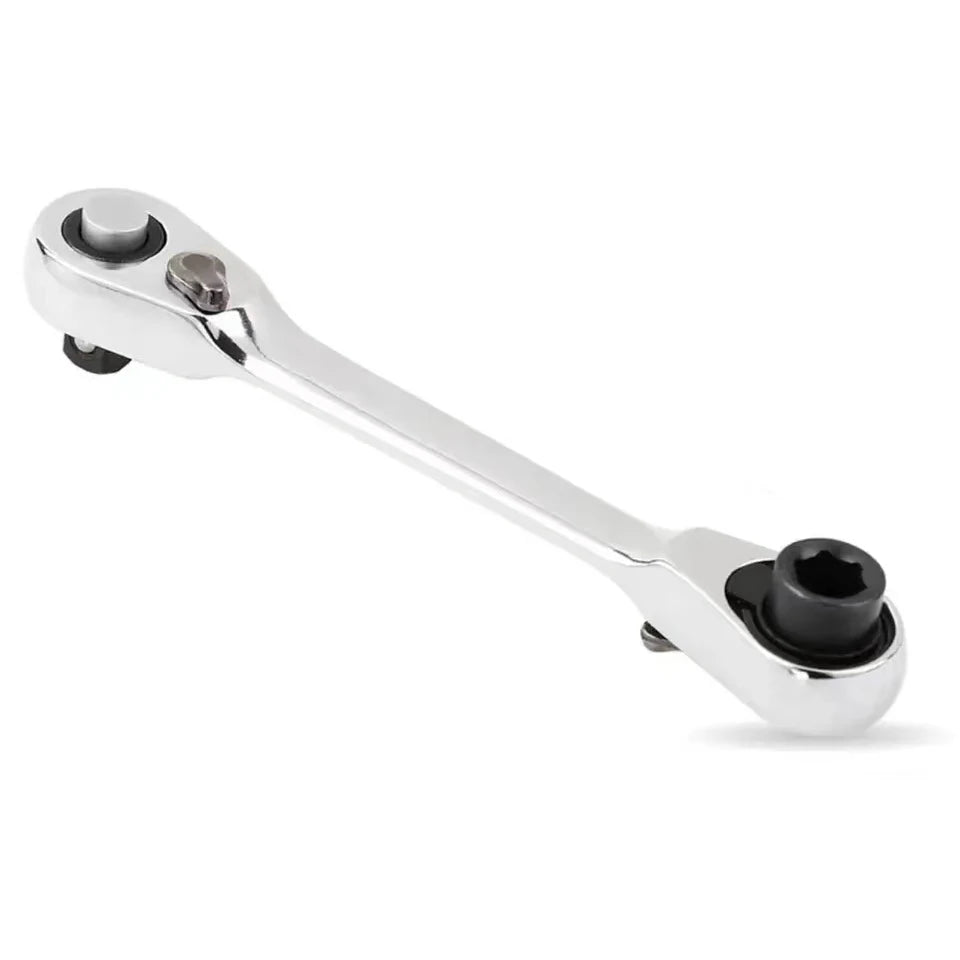 Jeu de clés à collier portable argenté à double embout avec douille et poignée noires.