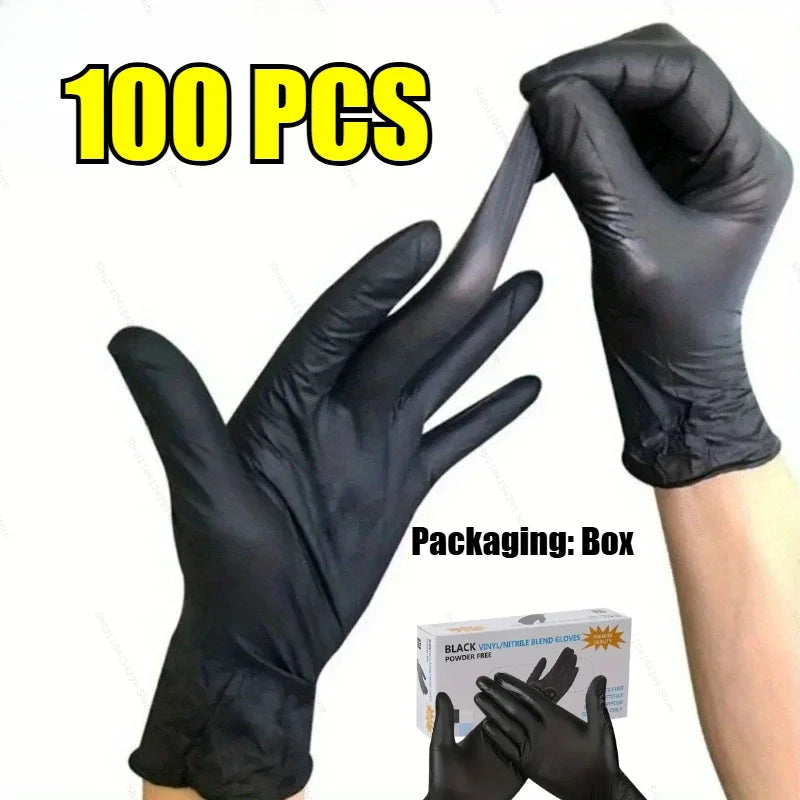 A hand wearing a black disposable nitrile glove is shown next to a box labeled 100 PCS of heavy duty gloves.