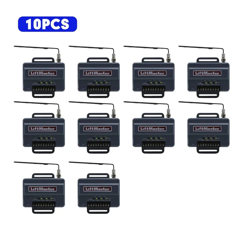 A set of ten LiftMaster gate and garage door opener receiver kits packaged in a box.