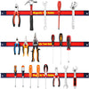 A set of heavy-duty magnetic tool holders including pliers, wrenches, and other hand tools mounted on a red bar organizer rac