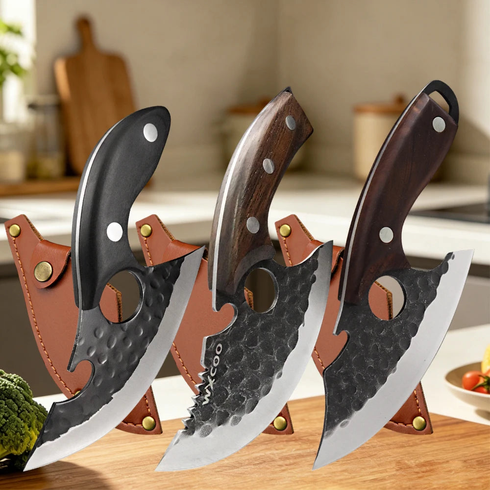 A set of three forged stainless steel boning knives with wooden handles and bottle openers displayed on a wooden surface.